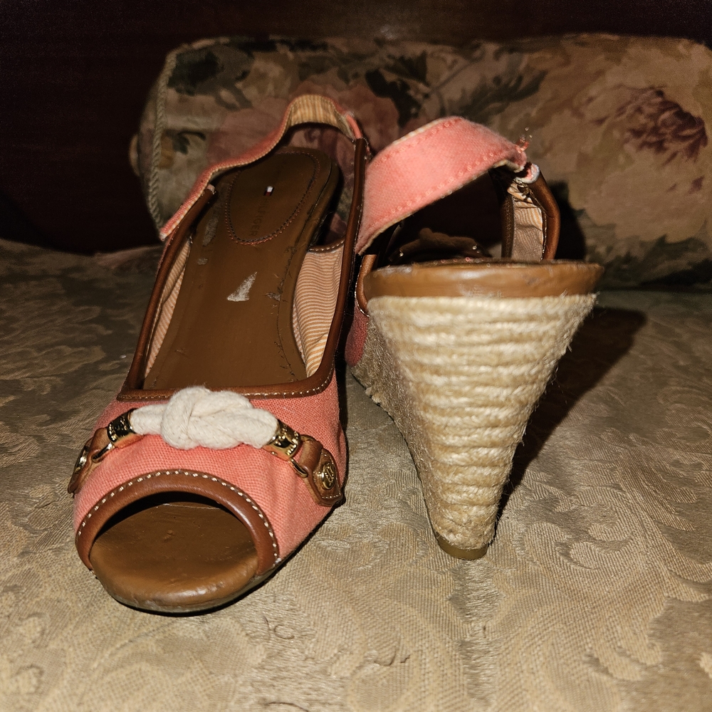 Tommy Hilfiger Coral and Tan Wedge Sandals